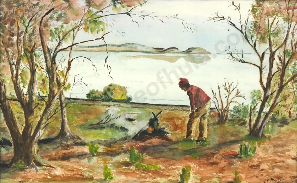 Artist Unknown - Bushman w Billy, Watercolour Image 1++