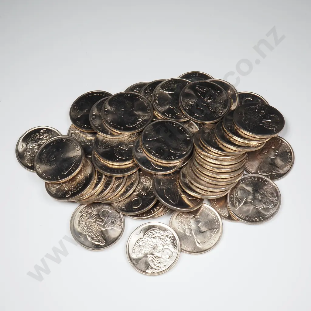 50 X 1971 BRILLIANT UNCIRCULATED 5 CENTS COINS Fifty 1971 brilliant uncirculated five cents coins, being the circulation type ( 7 in the date having a serif or downward stroke ). The coins found in uncirculated and proof sets have a normal 7. C.C.V. $750. Please be aware that although these are directly from the mint there may be the odd spot or blemish. Image 1++