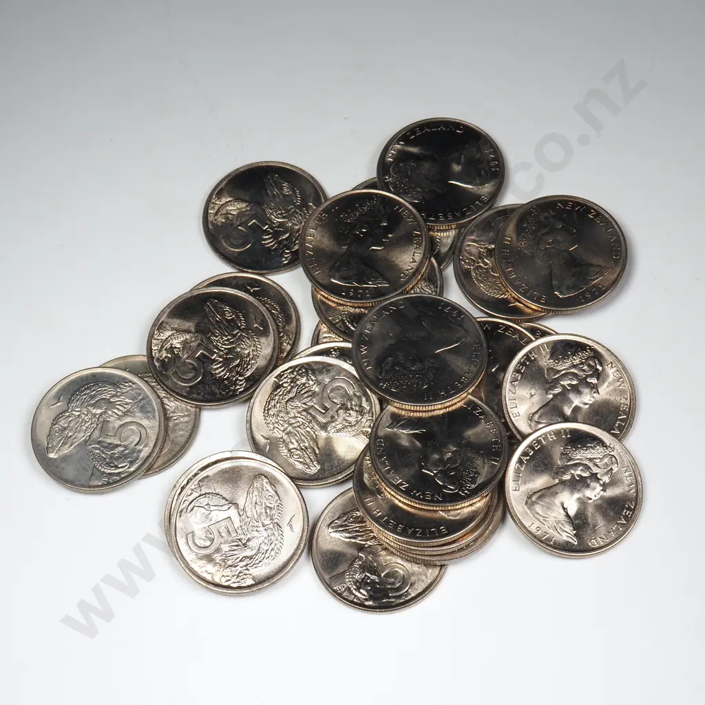 27 X 1971 BRILLIANT UNCIRCULATED 5 CENTS COINS Twenty seven 1971 brilliant uncirculated five cents coins, being the circulation type ( 7 in the date having a serif or downward stroke ). The coins found in uncirculated and proof sets have a normal 7. C.C.V. $405. Please be aware that although these are directly from the mint there may be the odd spot or blemish. Image 1++