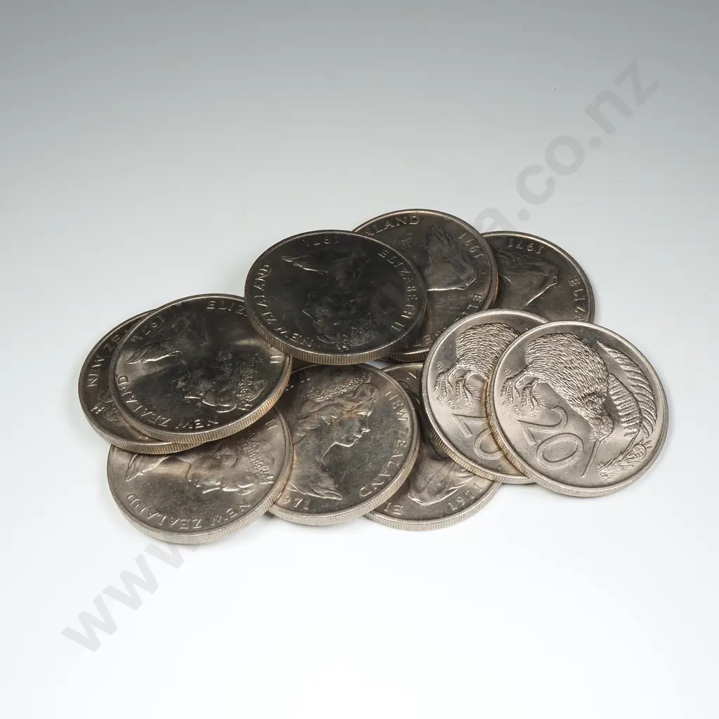 10 X 1971 BRILLIANT UNCIRCULATED 20 CENTS COINS Ten 1971 brilliant uncirculated twenty cents coins, being the circulation type ( 7 in the date having a serif or downward stroke ). The coins found in uncirculated and proof sets have a normal 7. C.C.V. $800. Please be aware that although these are directly from the mint there may be the odd spot or blemish. Image 1++