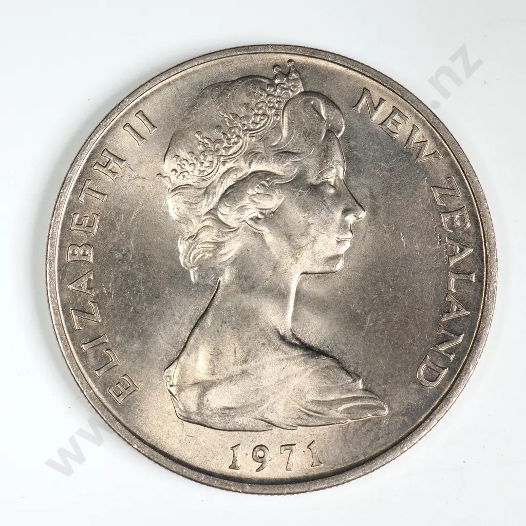 10 X 1971 BRILLIANT UNCIRCULATED 20 CENTS COINS Ten 1971 brilliant uncirculated twenty cents coins, being the circulation type ( 7 in the date having a serif or downward stroke ). The coins found in uncirculated and proof sets have a normal 7. C.C.V. $800. Please be aware that although these are directly from the mint there may be the odd spot or blemish. Image 1++