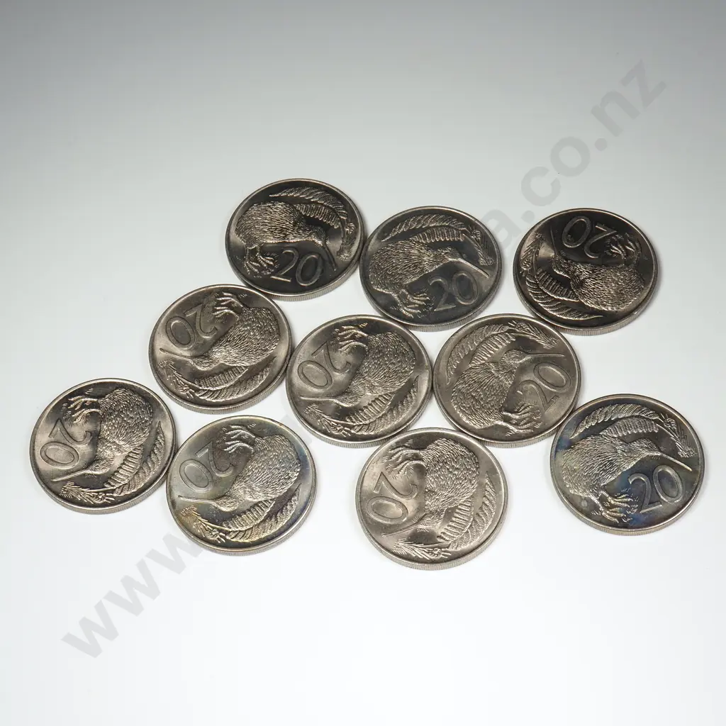 10 X 1971 BRILLIANT UNCIRCULATED 20 CENTS COINS Ten 1971 brilliant uncirculated twenty cents coins, being the circulation type ( 7 in the date having a serif or downward stroke ). The coins found in uncirculated and proof sets have a normal 7. C.C.V. $800. Please be aware that although these are directly from the mint there may be the odd spot or blemish. Image 1++