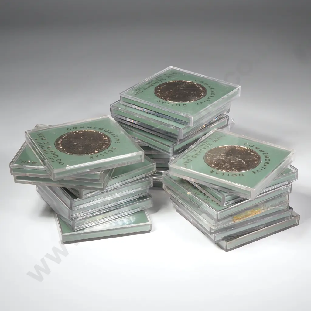 25 X 1974 NZ DAY CASED $1 COINS – CASES MOSTLY SCRATCHED Image 1++