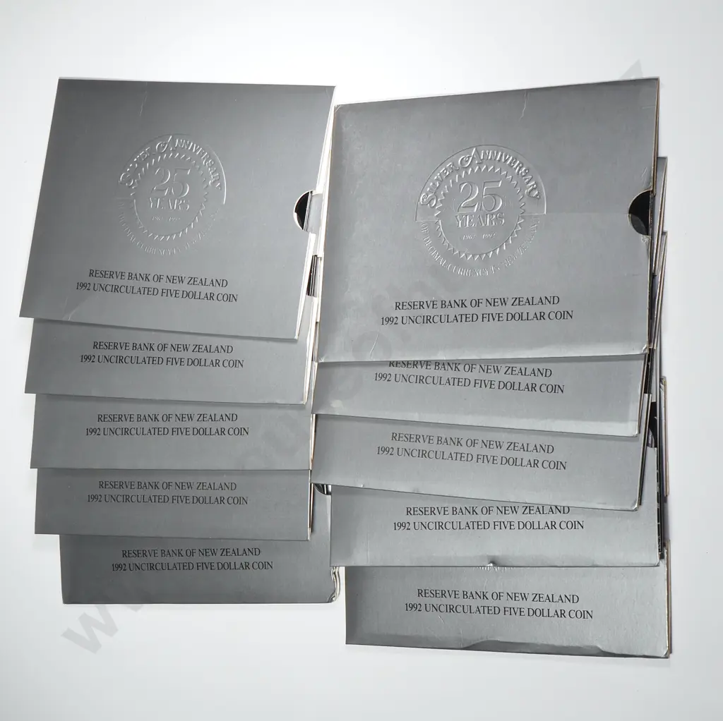 10 X 1992 RBNZ 25TH ANNIVERSARY UNC $5 COINS Image 1++