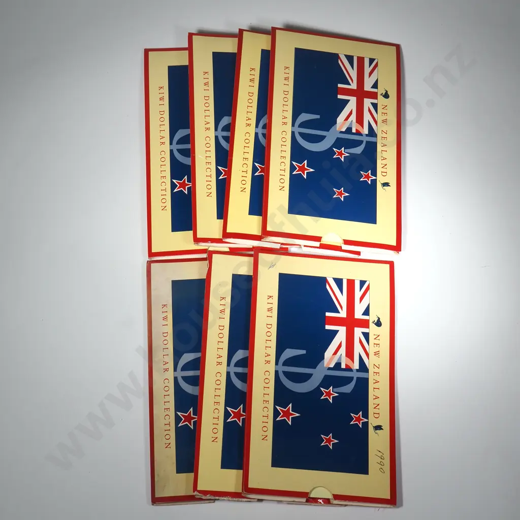7 X 1990 KIWI DOLLAR COLLECTIONS - $1 & $2 COINS & $1 & $2 NOTES ( EACH WITH FAULTS OR WRITING ON THE PACKAGING ) C.C.V. $315 EXCLUDING THE FAULTS Image 1++