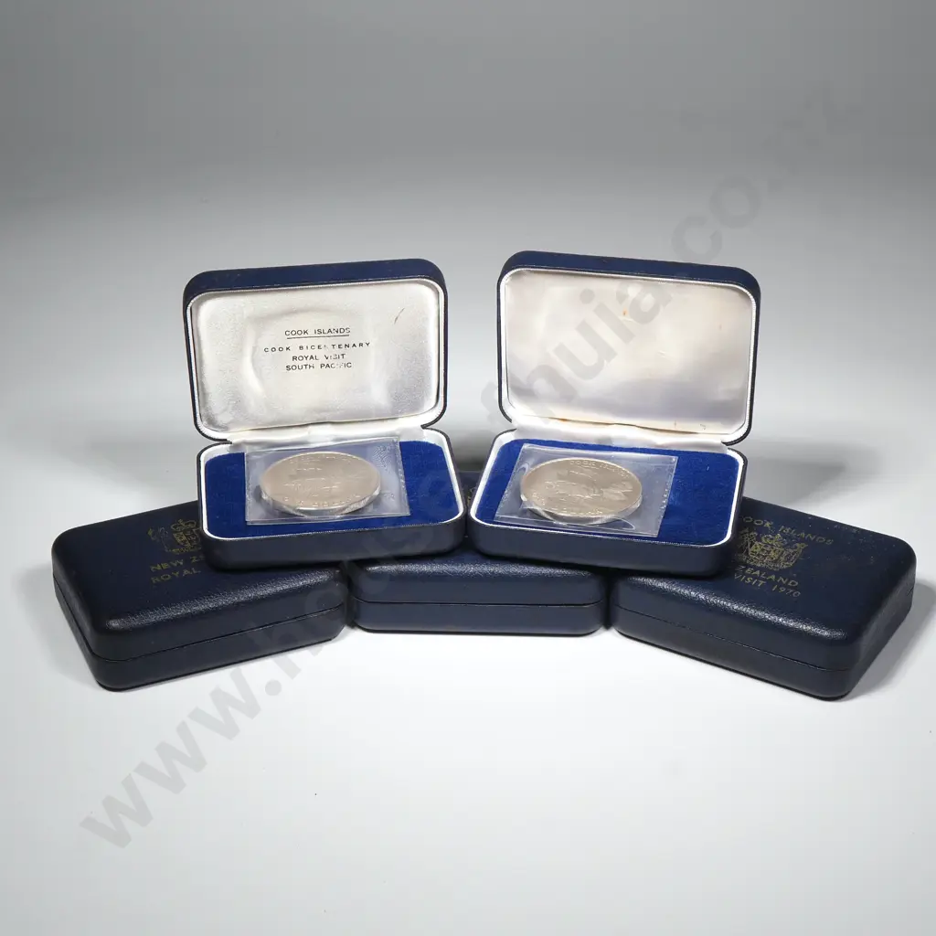 5 X 1970 "COOK ISLANDS" PROOF $1 COINS ( 2 WITH INTERIOR CASE WRITING, 3 WITHOUT ) C.C.V. $280 Image 1++