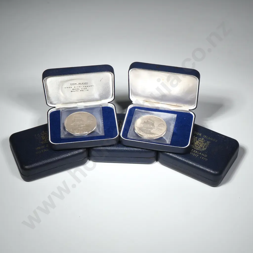 5 X 1970 "COOK ISLANDS" PROOF $1 COINS ( 2 WITH INTERIOR CASE WRITING, 3 WITHOUT ) C.C.V. $280 Image 1++