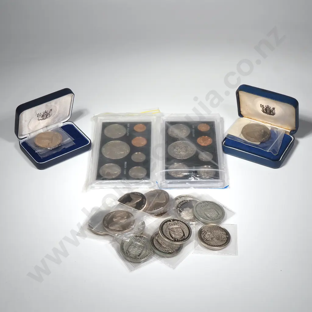 18 X PROOF $1 COINS & SETS ( THE $1 COINS HAVE NO CASES UNLESS STATED ) –  $1 COINS - 1970 "COOK ISLANDS" X 2, 1971 X 2 ( 1 WITH REVERSE SPOTS ), 1973 X 2 ( 1 CASED ), 2 X 1974 NEW ZEALAND DAY ( 1 CASED ), 1975 X 2, 1976 X 4. SETS – 1971 SUPERIOR, 1972. C.C.V. $710 Image 1++