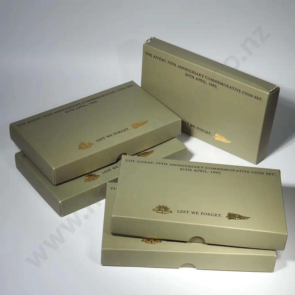 5 X NZ / AUSTRALIA 1990 ANZAC PAIR OF $5 PROOF COINS IN ORIGINAL PACKAGING, C.C.V. $275 Image 1++