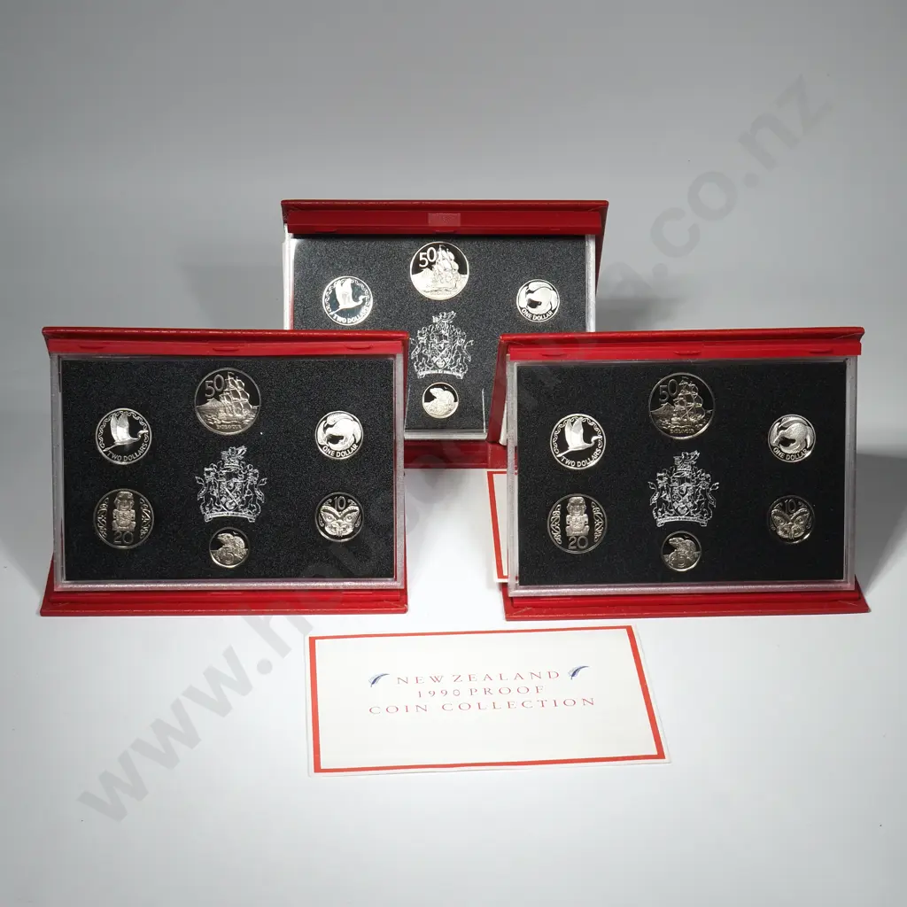 3 X 1990 RED PROOF COIN SETS, C.C.V. $270 Image 1++