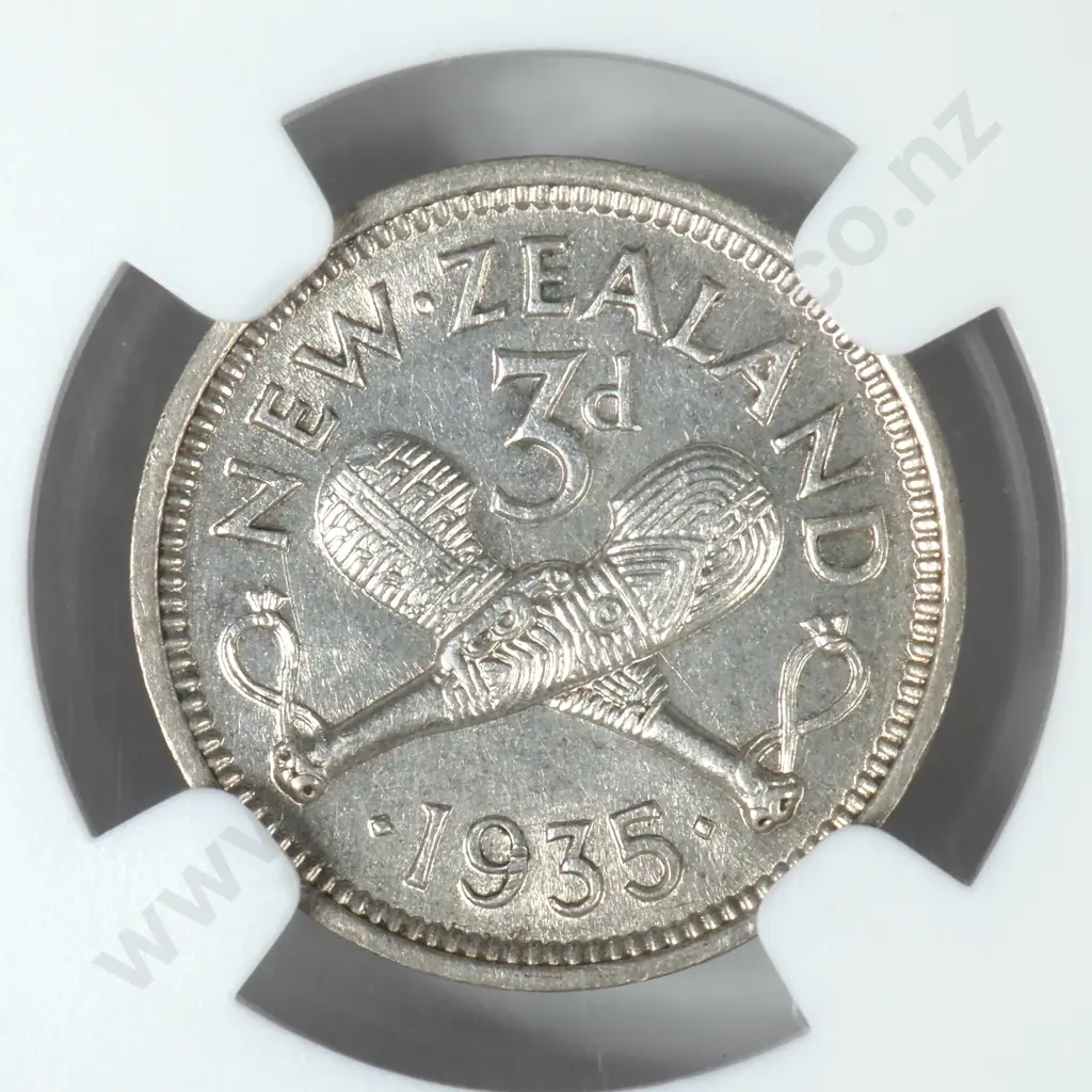 1935 New Zealand Threepence Graded NGC AU58  Image 1++