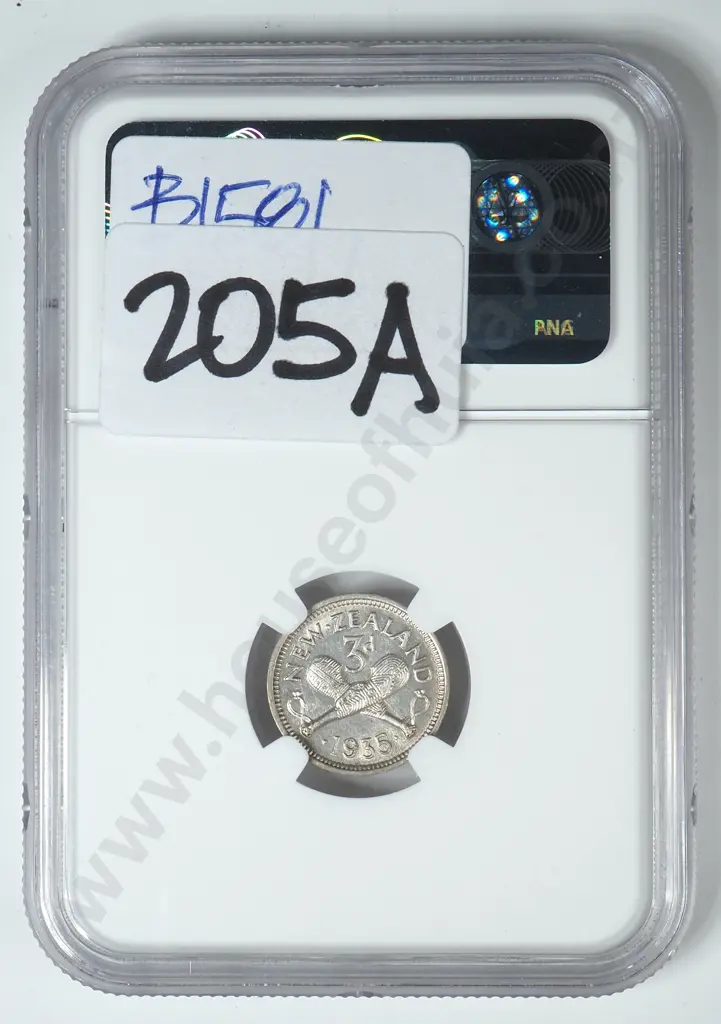 1935 New Zealand Threepence Graded NGC AU58  Image 1++