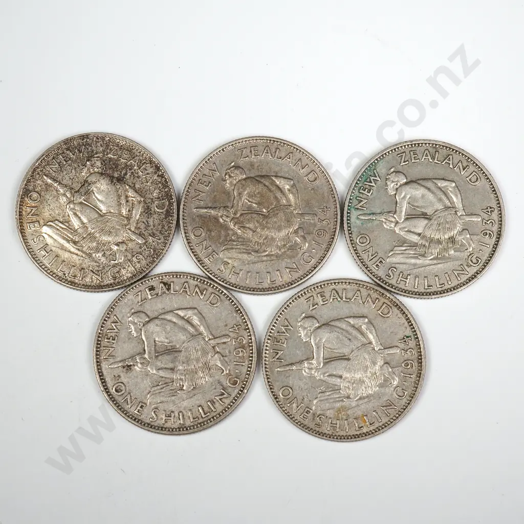 5 X 1934 SHILLINGS, TONED OR DIRTY, V.F. OR BETTER, MINIMUM C.C.V. $100 Image 1++