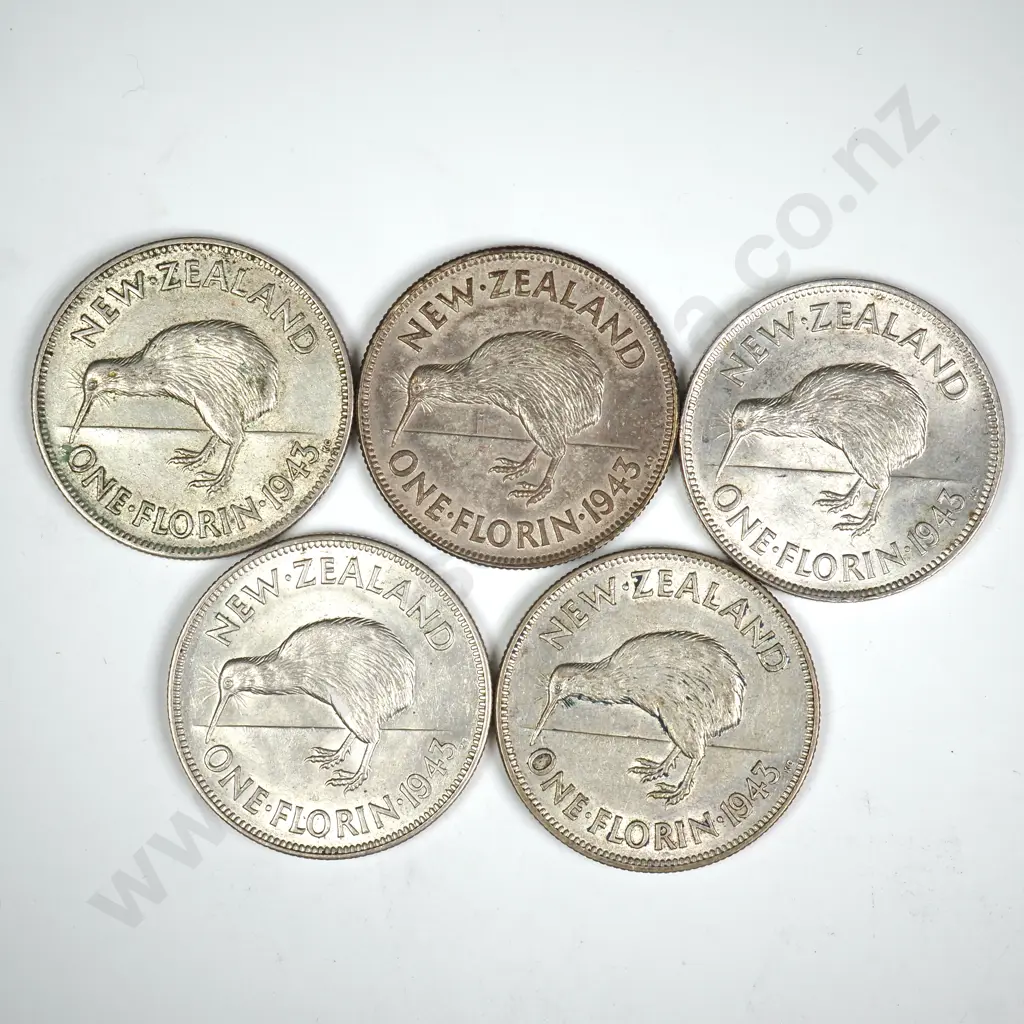 5 X 1943 FLORINS, V.F. OR BETTER, MINIMUM C.C.V. $125 Image 1++