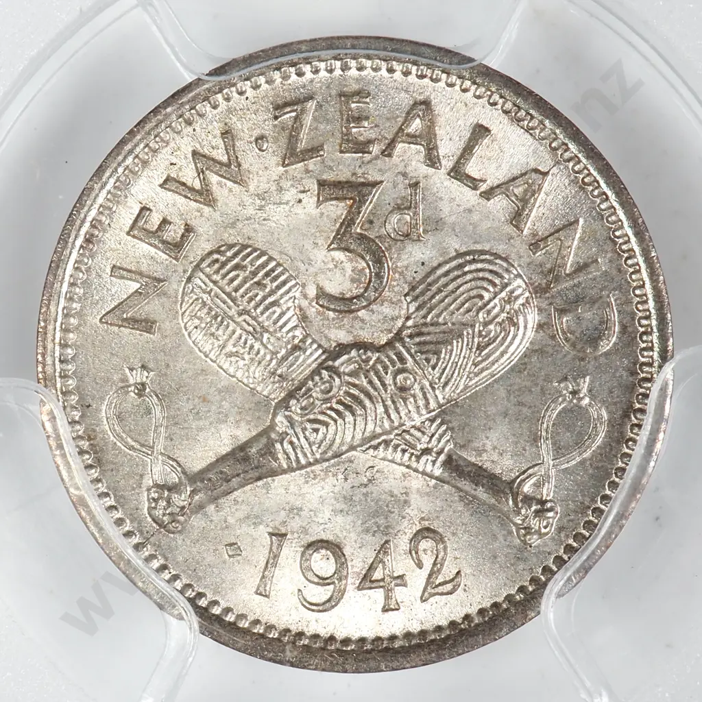 1942 'ONE DOT' THREEPENCE, MS63, MINIMUM C.V. $1500 Image 1++