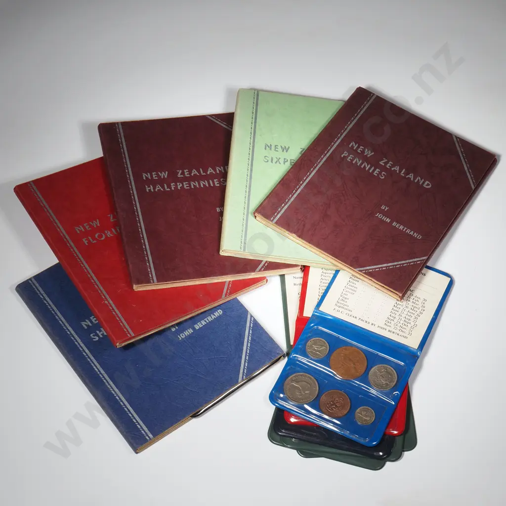 5 X JOHN BERTRAND CARDBOARD ALBUMS, EMPTY EXCEPT INCOMPLETE HALFPENNY AND PENNY SETS, ALBUMS IN NICE CONDITION, PLUS 7 X JOHN BERTRAND PLASTIC WALLETS 'YOUR BIRTH YEAR COINS', ONE WITH 1962 COINS Image 1++