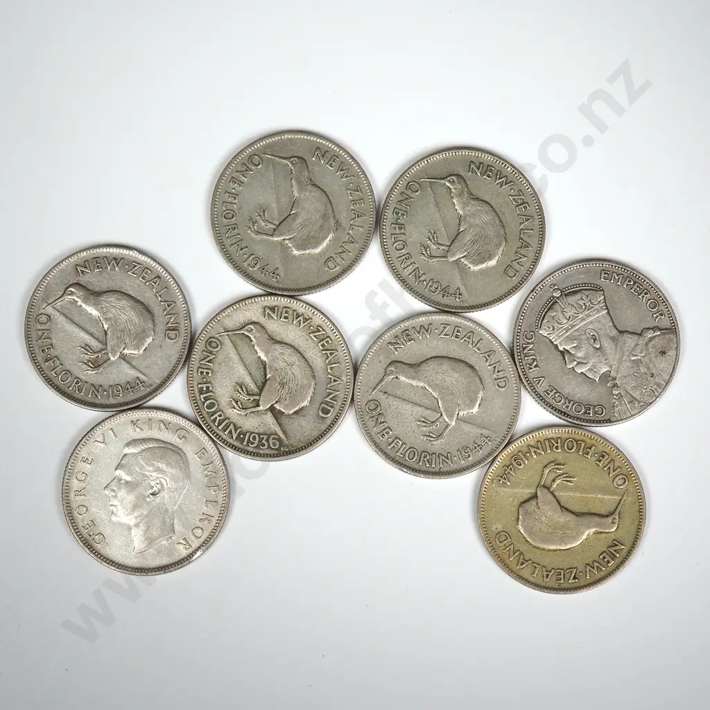 FLORINS – 1 X 1936, 7 X 1944, C.C.V $160 Image 1++