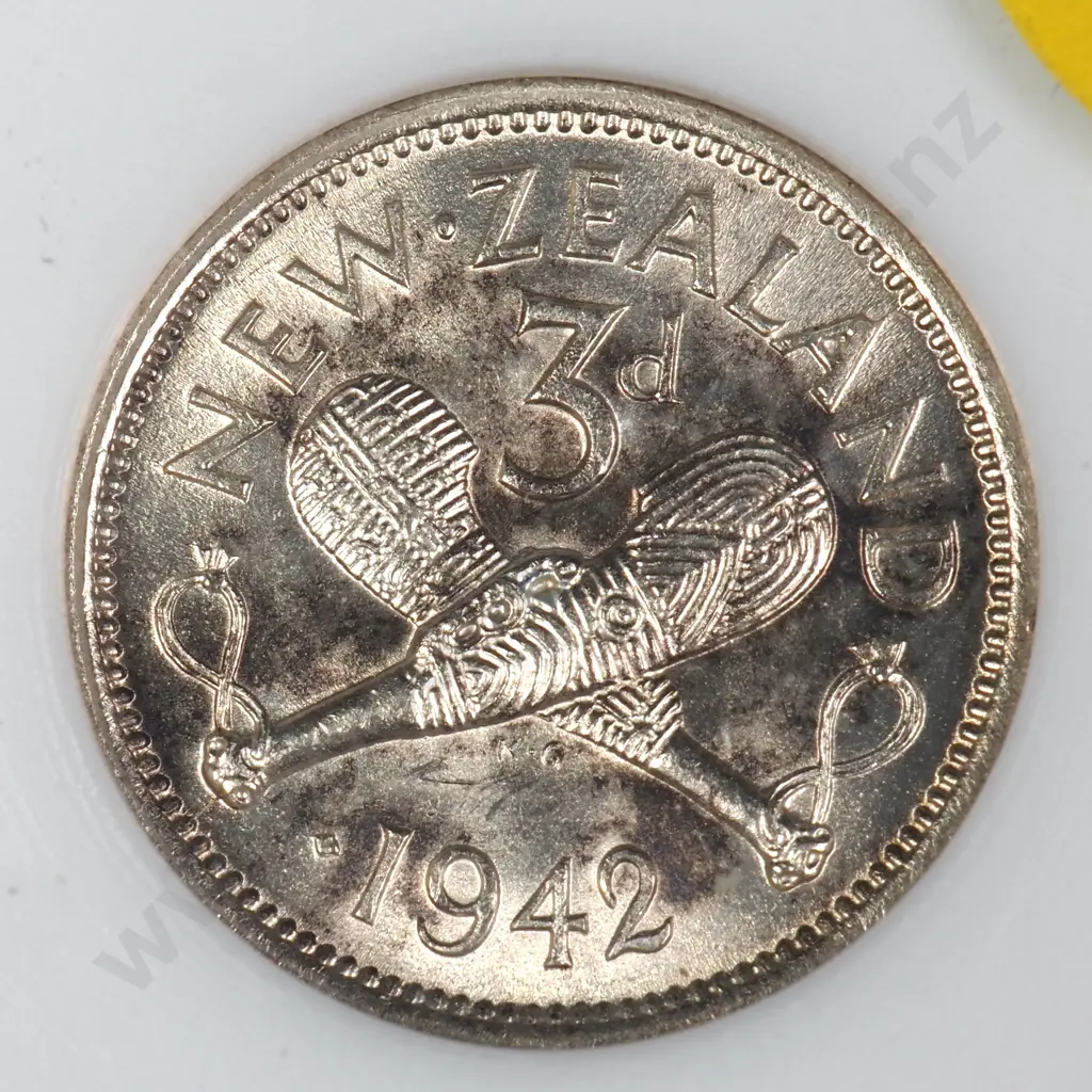 1942 'ONE DOT' THREEPENCE, ANACS GRADED MS63, TONED, C.V $1500 Image 1++