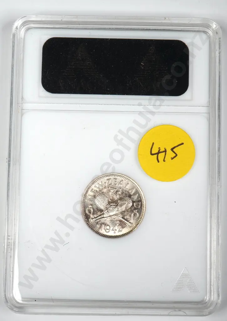 1942 'ONE DOT' THREEPENCE, ANACS GRADED MS63, TONED, C.V $1500 Image 1++