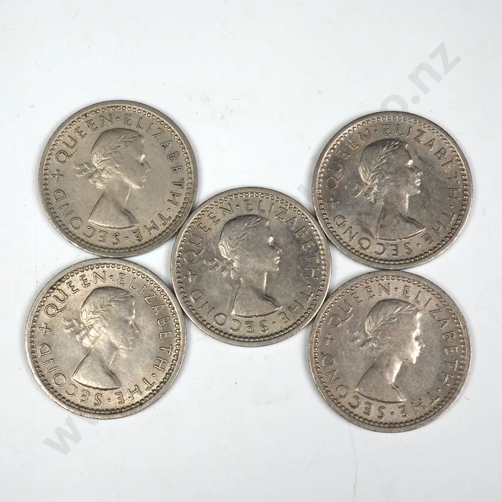 5 X 1956 'NO SHOULDER STRAP' THREEPENCES, E.F, C.C.V $1250 Image 1++