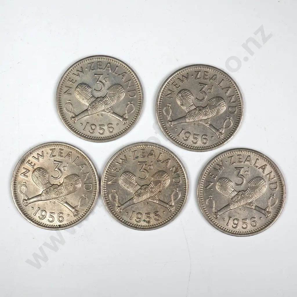 5 X 1956 'NO SHOULDER STRAP' THREEPENCES, E.F, C.C.V $1250 Image 1++