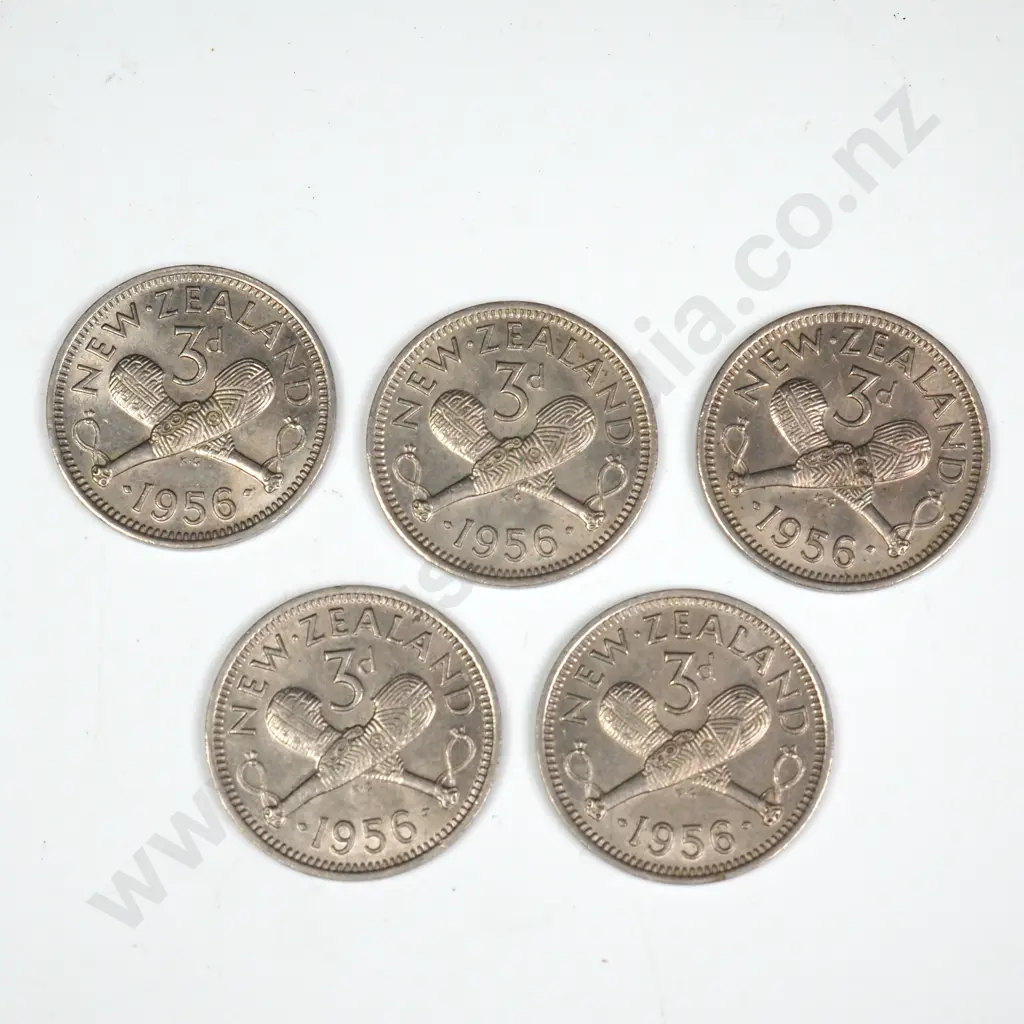 5 X 1956 'NO SHOULDER STRAP' THREEPENCES, E.F, C.C.V $1250 Image 1++