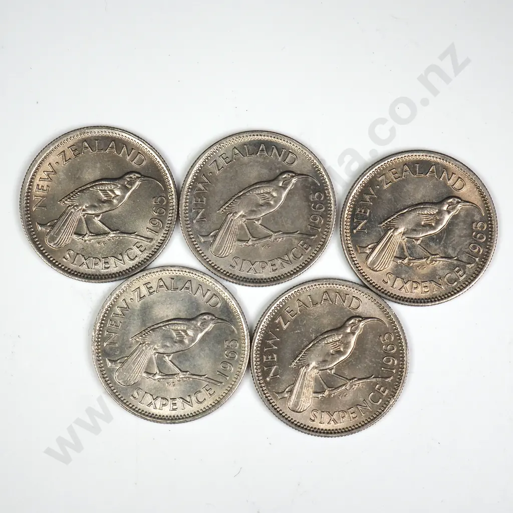 5 X 1965 TYPE 2 'BROKEN WING' SIXPENCES, B.UNC, MINIMUM C.C.V $500 Image 1++