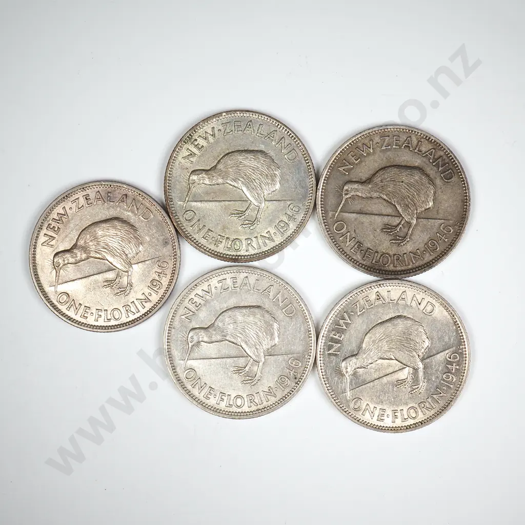 5 X 1946 'FLATBACK' FLORINS, V.F, C.C.V $375 Image 1++