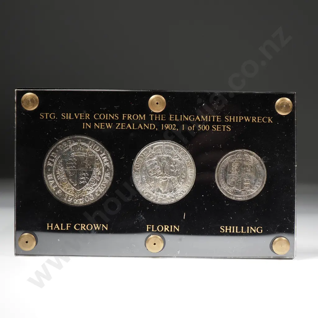 3 X UK SILVER COINS FROM THE WRECK OF THE ELINGAMITE 1902, IN CASE WITH INFORMATION LEAFLET Image 1++