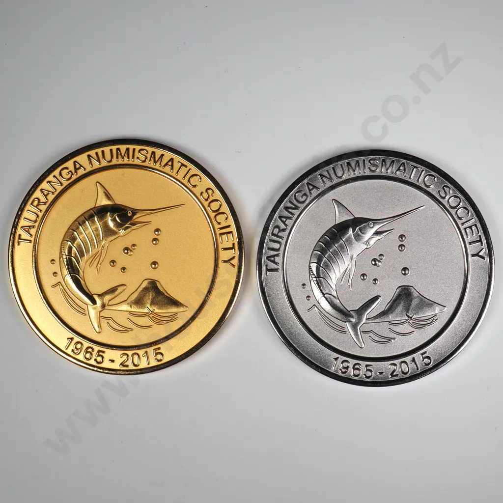 2 X TAURANGA NUMISMATIC SOCIETY MEDALS 1965-2015 Image 1++