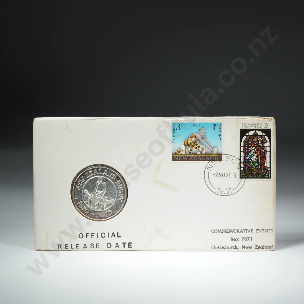 1970 STAMP COVER WITH RUGBY CENTENARY SILVER MEDAL, 28 GRAMS Image 1++