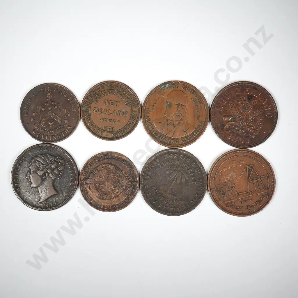8 X DIFFERENT COPPER ONE PENNY TRADE TOKENS 1857 TO 1874 Image 1++