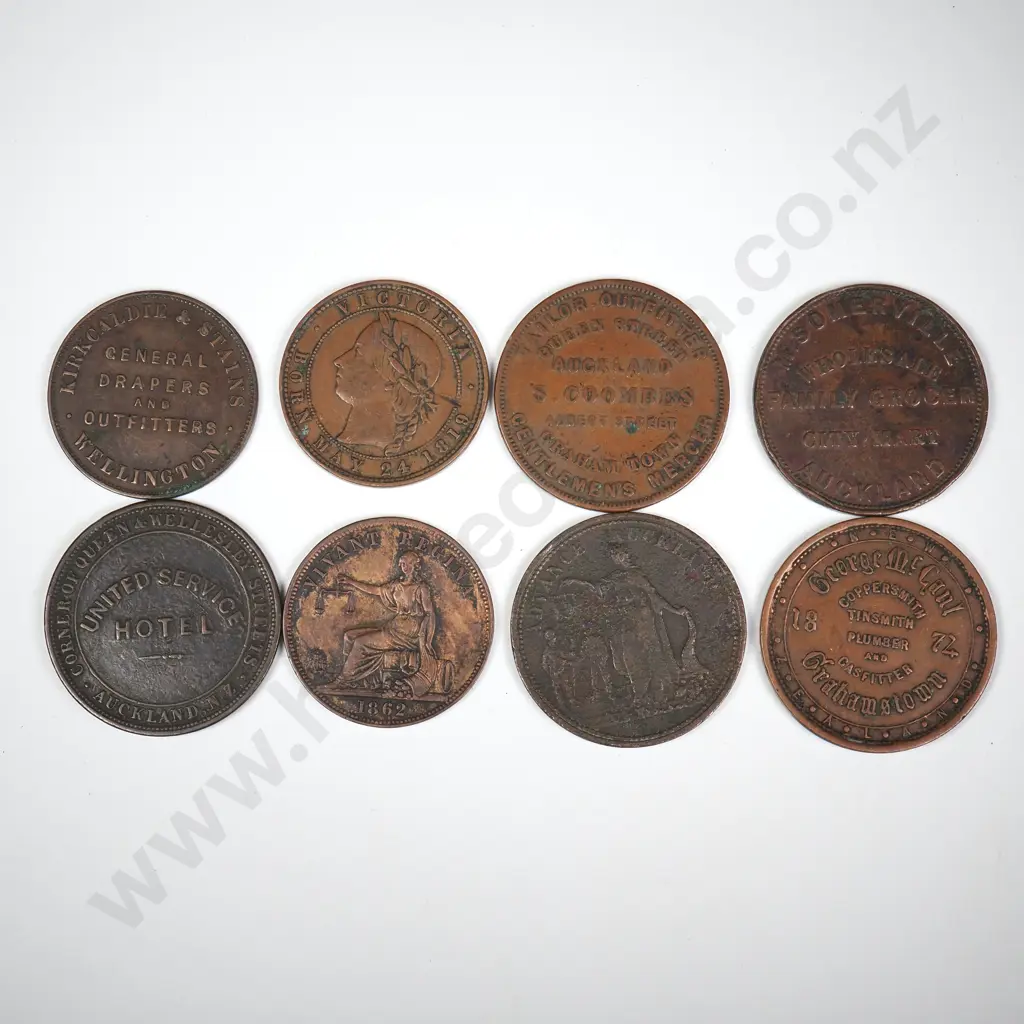 8 X DIFFERENT COPPER ONE PENNY TRADE TOKENS 1857 TO 1874 Image 1++
