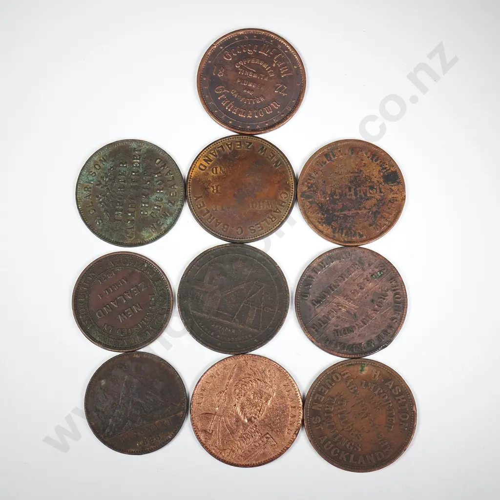10 X DIFFERENT COPPER ONE PENNY TRADE TOKENS 1857 TO 1874, MOSTLY WORN OR DAMAGED Image 1++