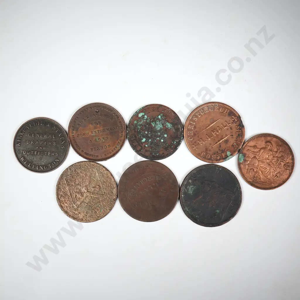 8 X DIFFERENT COPPER ONE PENNY TRADE TOKENS 1857 TO 1874, MOSTLY WORN OR DAMAGED Image 1++