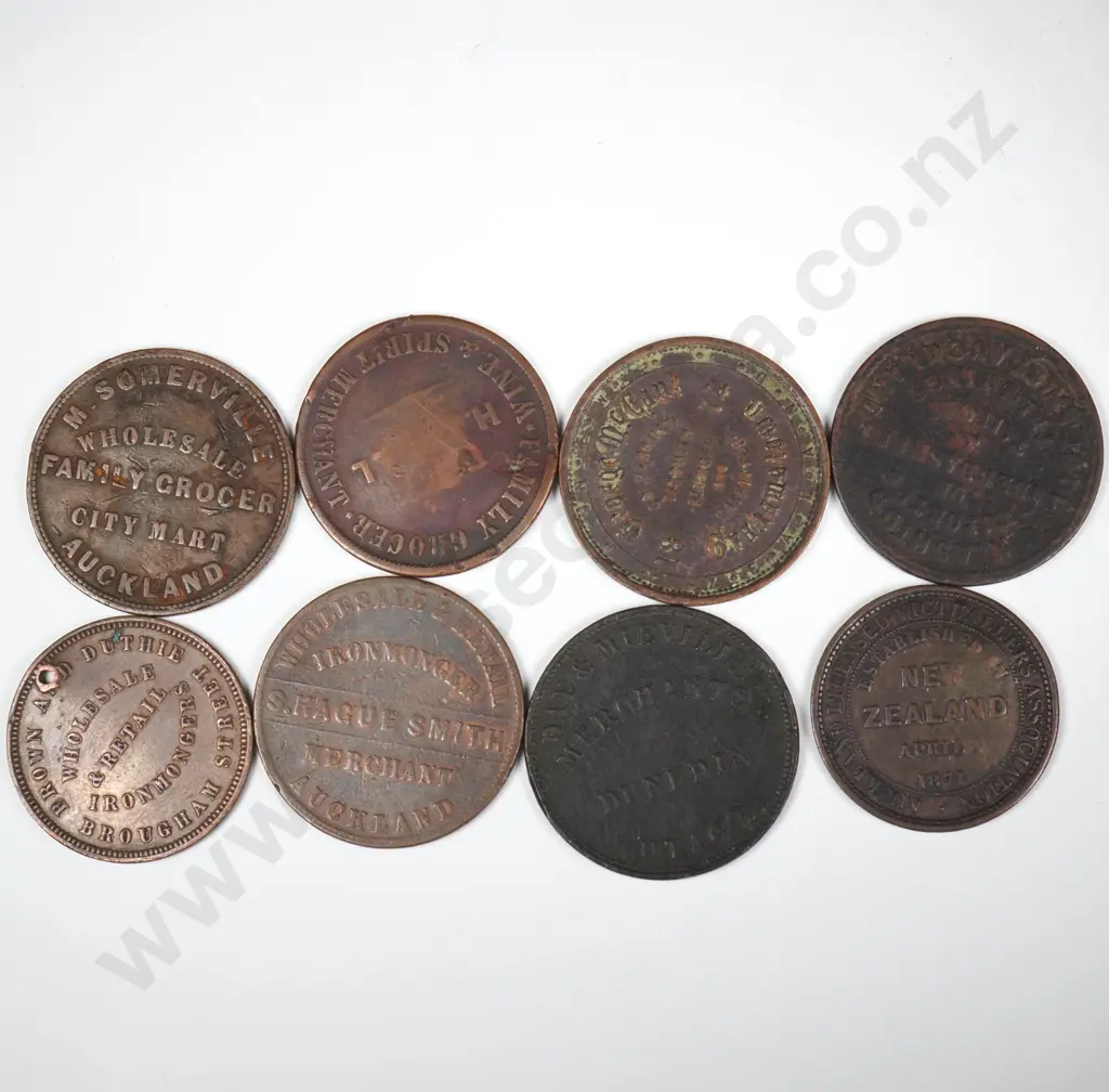 8 X DIFFERENT COPPER ONE PENNY TRADE TOKENS 1857 TO 1874, MOSTLY WORN OR DAMAGED Image 1++