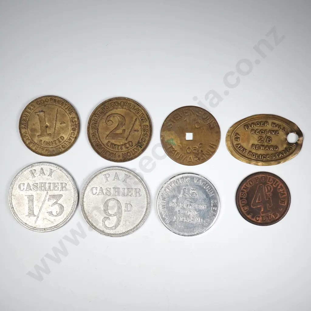 8 X DIFFERENT CHECKS, DISCOUNT AND SPECIAL PURPOSE TOKENS, EACH LISTED IN THE JOHN BERTRAND CATALOGUE, C.C.V $655 Image 1++