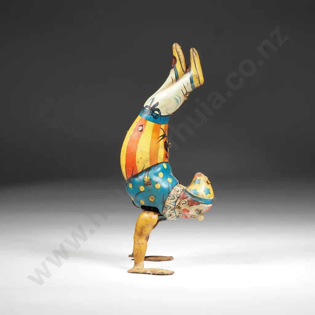 Vintage Tin Plate Wind-up Clown Walking on Hands: Made in U.S Zone Germany Image 1++