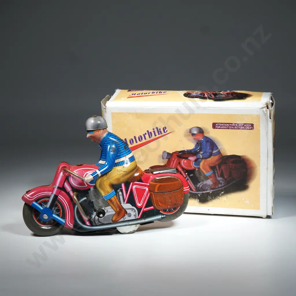 Vintage Chinese Tin Plate Wind Up Motorcycle With Rider Model MS 702 In Original Box Image 1++