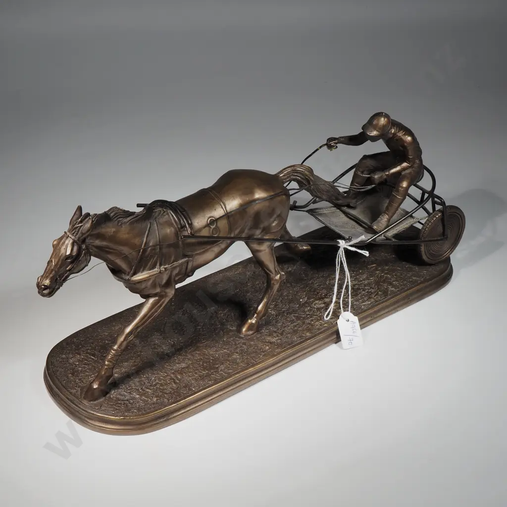 Bronzed Metal Figure Depicting A Race Horse, Driver & Sulky Image 1++