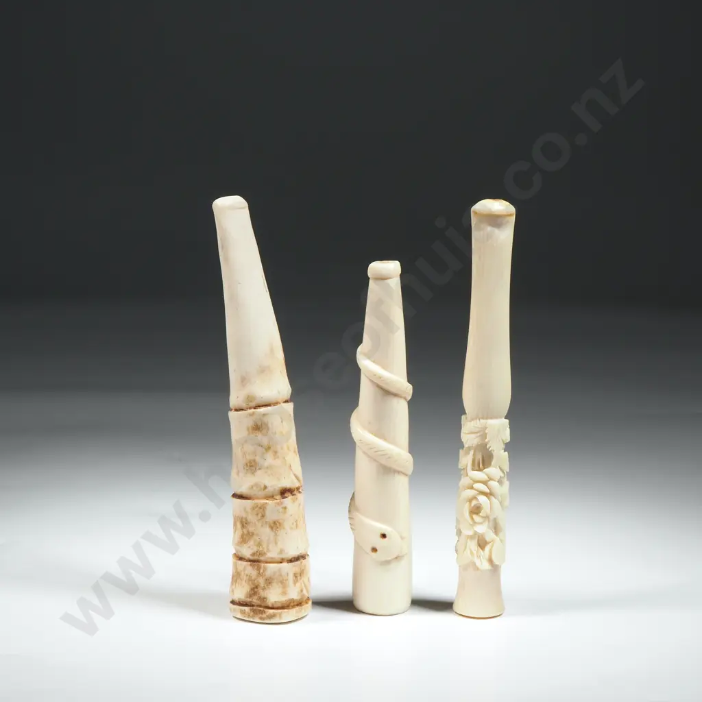 Three bone Cigarette Holders, One with An Intwined Snake & Another with Intricate Floral Carving. Image 1++