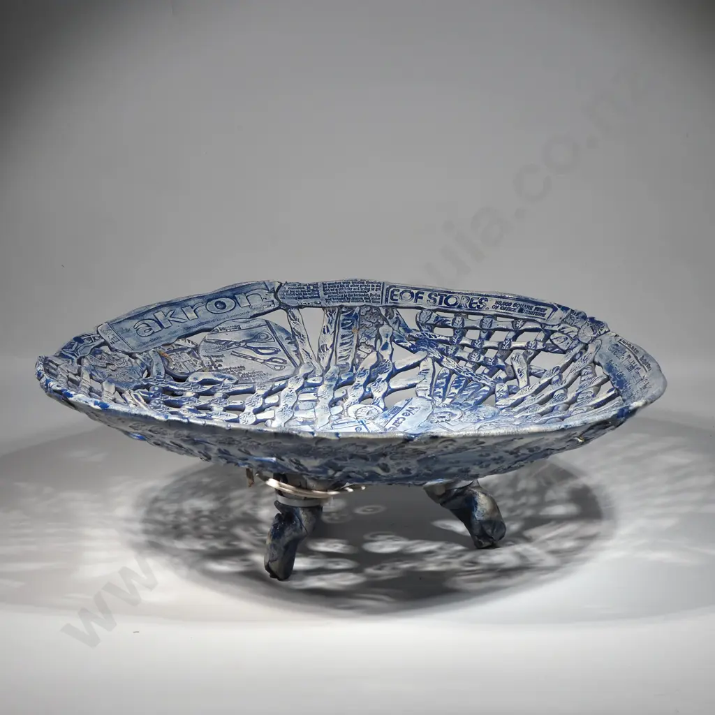 Large Blue & White Openwork Bowl Imprinted w Newspaper Headlines & Advertising Image 1++