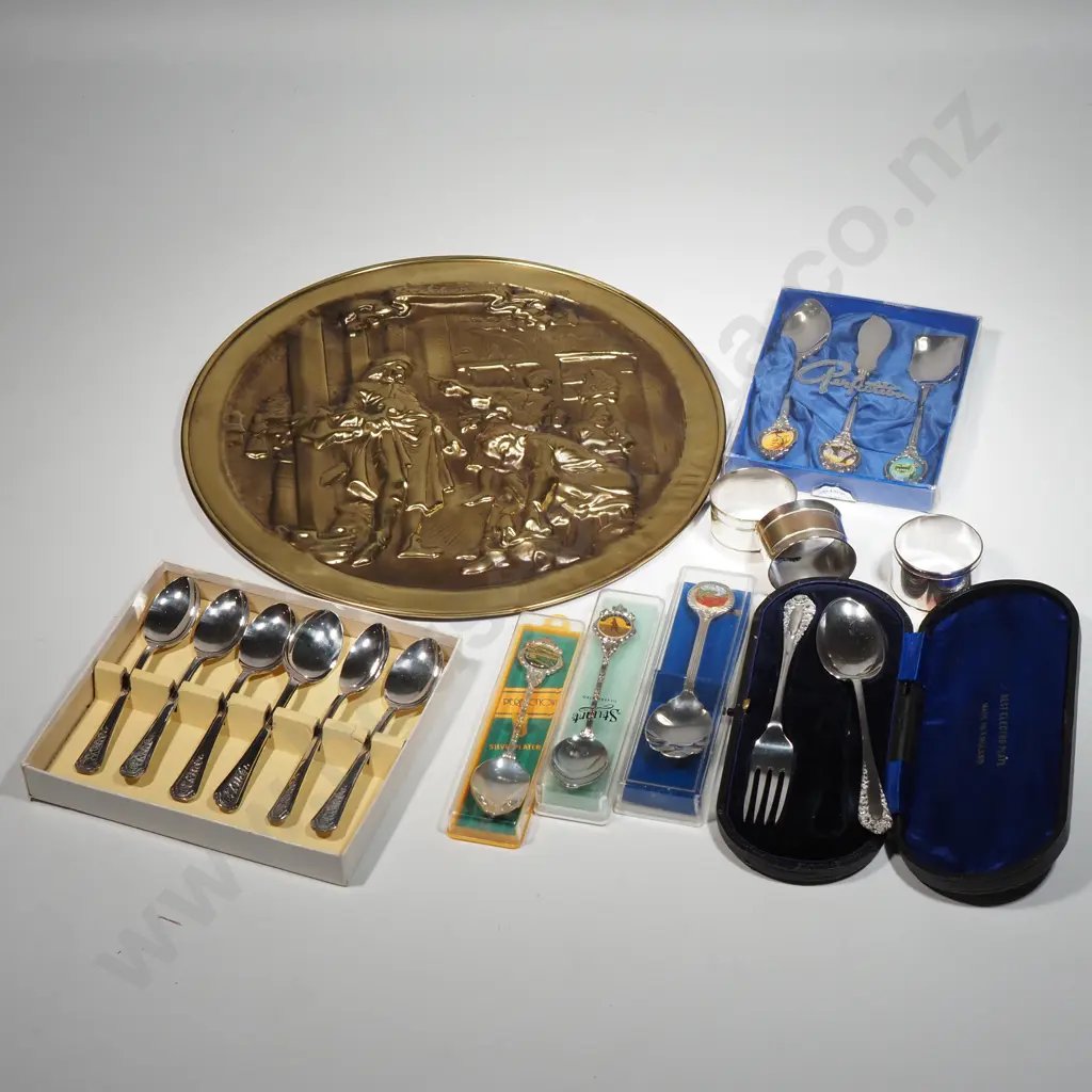 Brass Wall Plaque Depicting A Shoemaker, Box of EPNS Spoons, Souvenir Spoons, &  An Antique Childs EP  Spoon & Fork Image 1++