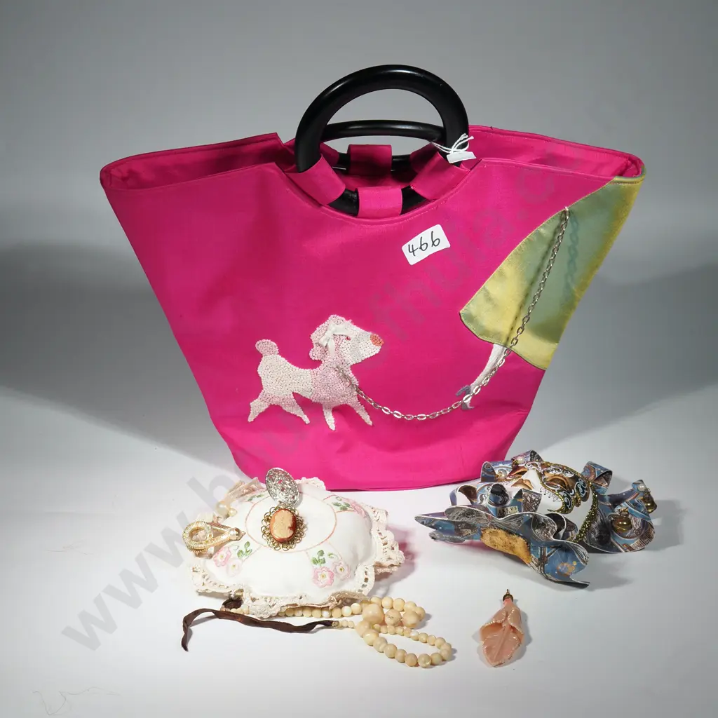 Small Venetian Mask, Pin Cushion With Four Vintage Hatpins, A Faux Cameo Brooch  & A MOP Necklace,   in a Pink Handbag Image 1++