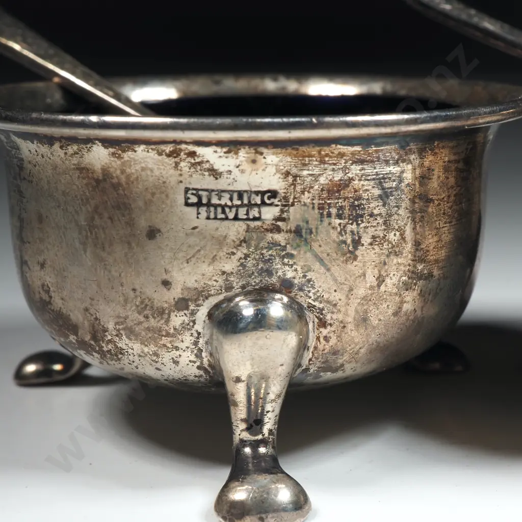 Pair Of Sterling Silver Salts With Blue Glass Liners & Two EP Salt Spoons Image 1++