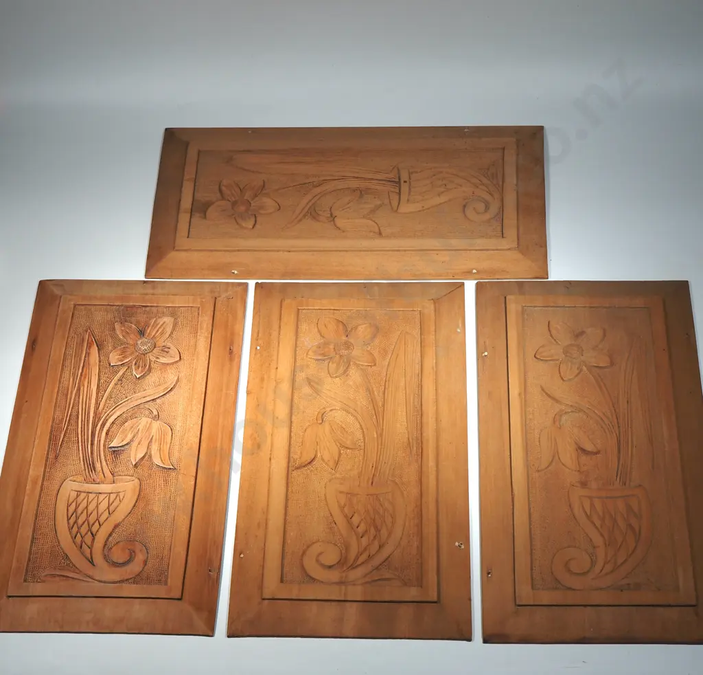 Four Art Nouveau Kauri Panels w Floral Designs Image 1++