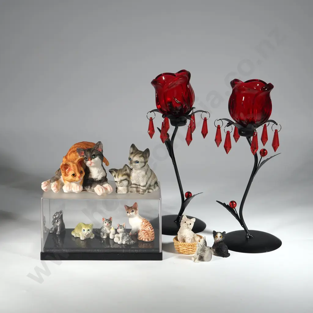 A Collection of Small Cat Figurines, a Case w Five Cat Figurines, & Two Metal Candle Holders Image 1++