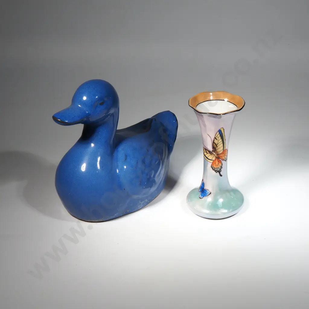 Glazed Blue Pottery Duck & Lustre Vase w Butterfly Decoration Image 1++