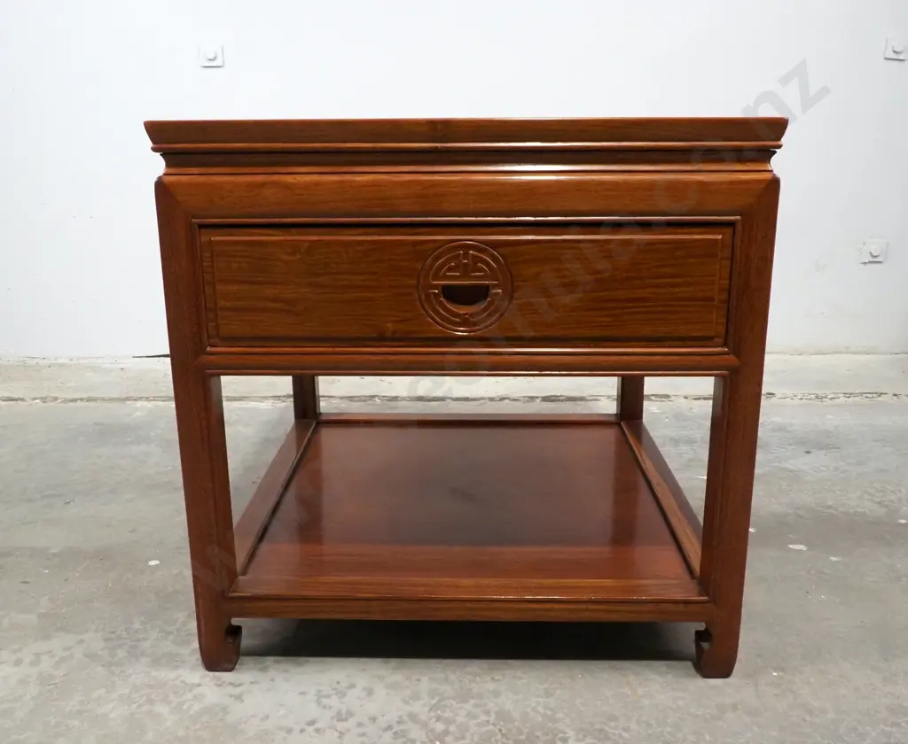 Vintage Chinese Rosewood Side Table Or Nightstand w A Frieze Drawer w Carved Oriental Symbol Handle Image 1++