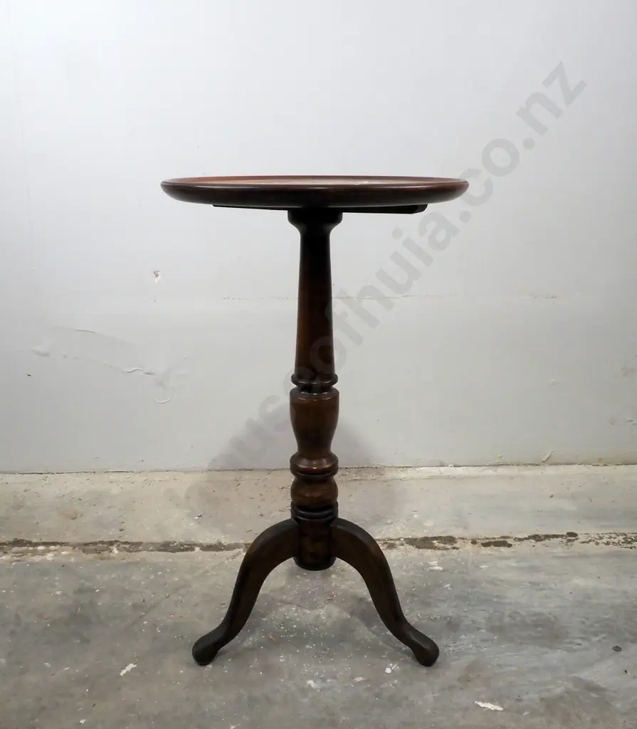 Mahogany Tripod Wine Table w A Turned Stem Terminating In Three Legs  Image 1++